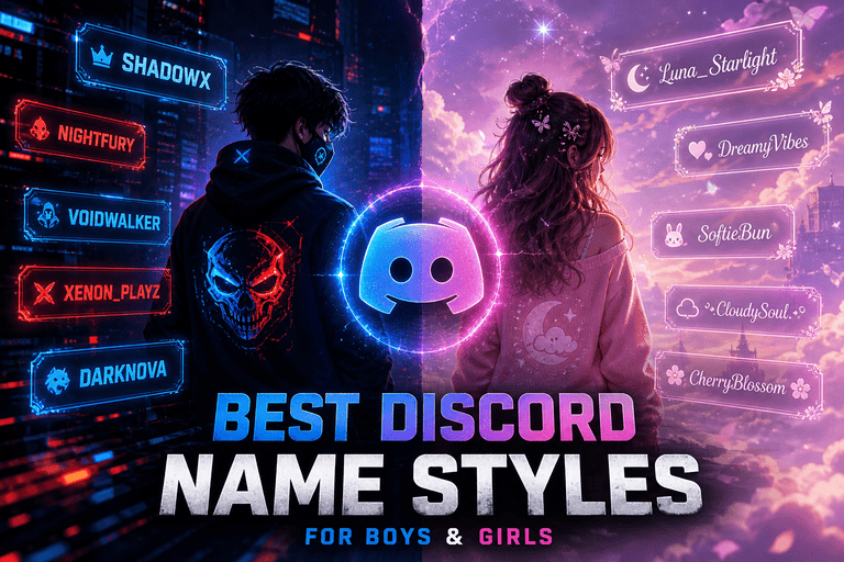 A cinematic futuristic blog cover image for the topic “Best Discord Name Styles for Boys & Girls”. Split composition design: left side represents boy gaming style with dark cyberpunk aesthetics, neon blue and red lighting, glitch effects, bold gaming usernames floating in digital space, energetic and competitive mood. Right side represents girl aesthetic style with soft pastel pink and purple tones, dreamy clouds, sparkles, aesthetic usernames in elegant fonts, calm and creative mood. In the center, a glowing holographic Discord-style chat icon connecting both sides. Modern UI design, ultra-detailed, high contrast lighting, depth of field, soft glow effects, professional blog banner, highly engaging social media thumbnail style, 3:2 aspect ratio, 4K quality, sharp focus, clean composition, no watermark, no text clutter. ⚡ Optional Negative Prompt (for Midjourney / Leonardo AI) blurry, low quality, distorted text, watermark, messy layout, extra logos, unreadable fonts, oversaturated colors, duplicate icons