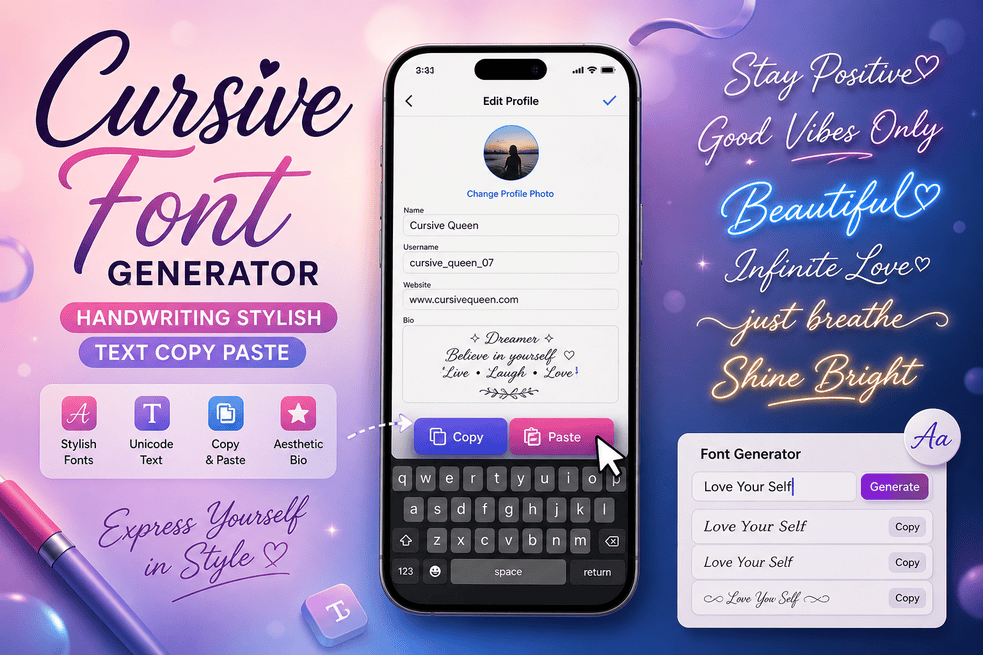 Cursive Font Generator – Handwriting Stylish Text Copy Paste (Aesthetic ...