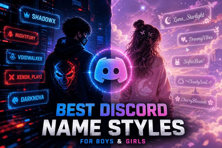 A cinematic futuristic blog cover image for the topic “Best Discord Name Styles for Boys & Girls”. Split composition design: left side represents boy gaming style with dark cyberpunk aesthetics, neon blue and red lighting, glitch effects, bold gaming usernames floating in digital space, energetic and competitive mood. Right side represents girl aesthetic style with soft pastel pink and purple tones, dreamy clouds, sparkles, aesthetic usernames in elegant fonts, calm and creative mood. In the center, a glowing holographic Discord-style chat icon connecting both sides. Modern UI design, ultra-detailed, high contrast lighting, depth of field, soft glow effects, professional blog banner, highly engaging social media thumbnail style, 3:2 aspect ratio, 4K quality, sharp focus, clean composition, no watermark, no text clutter. ⚡ Optional Negative Prompt (for Midjourney / Leonardo AI) blurry, low quality, distorted text, watermark, messy layout, extra logos, unreadable fonts, oversaturated colors, duplicate icons